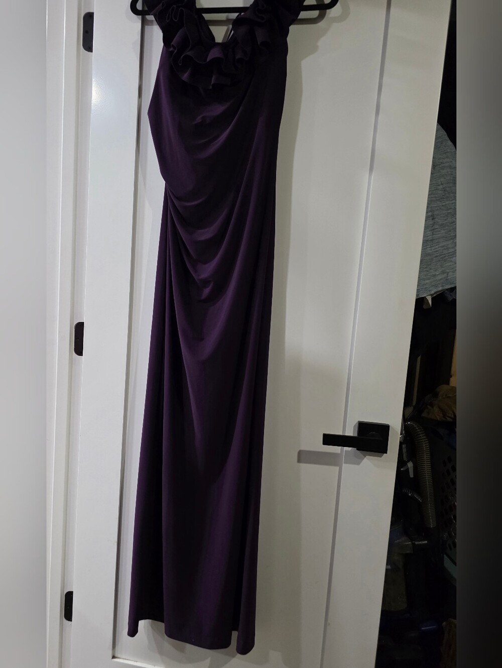 Xscape Plus Size Ruffled Off-the-Shoulder Long Sheath Dress - Grape, sz 16 Reg. - Picture 6 of 11